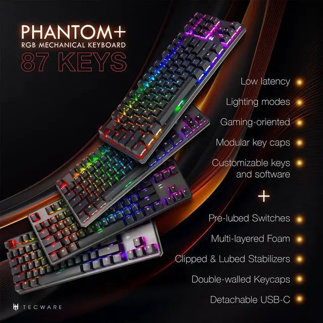 Alt view image 2 of 6 - TECWARE Phantom+ 87 Key Mechanical Gaming Keyboard, RGB led, TKL 75% Keyboard, Thocky Sounding, Wraith Red Switch