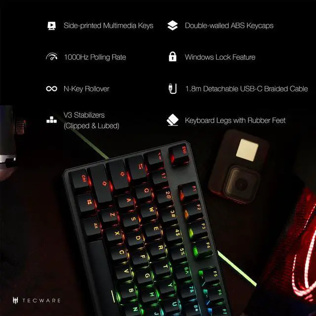 Alt view image 4 of 6 - TECWARE Phantom+ 87 Key Mechanical Gaming Keyboard, RGB led, TKL 75% Keyboard, Thocky Sounding, Wraith Red Switch