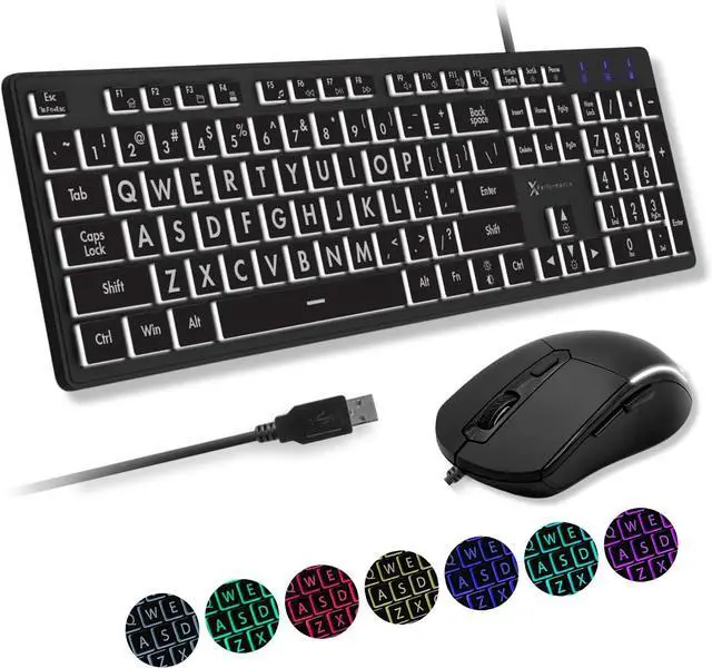Main image of X9 Wired Keyboard and Mouse Combo - Large Print Backlit Keyboard and Mouse for Elderly, Low Vision, Visually Impaired - 7 LED Light Up Color, Lighted Large Letters for Laptop PC Computer USB