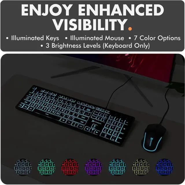 Alt view image 3 of 7 - X9 Wired Keyboard and Mouse Combo - Large Print Backlit Keyboard and Mouse for Elderly, Low Vision, Visually Impaired - 7 LED Light Up Color, Lighted Large Letters for Laptop PC Computer USB