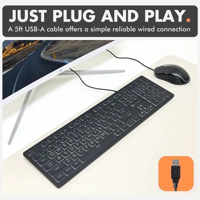 Alt view image 4 of 7 - X9 Wired Keyboard and Mouse Combo - Large Print Backlit Keyboard and Mouse for Elderly, Low Vision, Visually Impaired - 7 LED Light Up Color, Lighted Large Letters for Laptop PC Computer USB