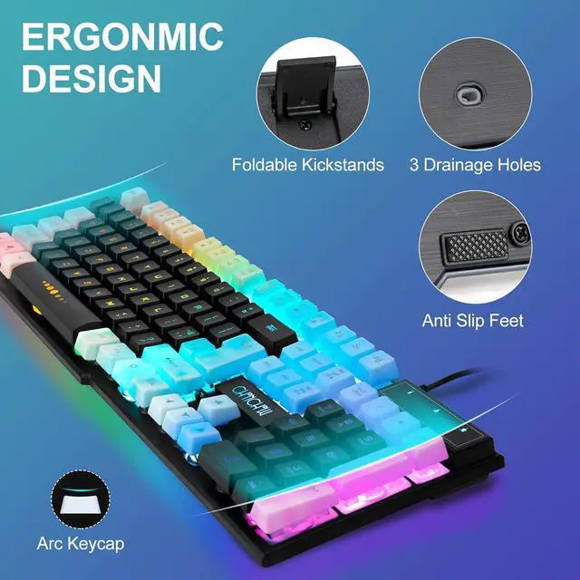 Alt view image 4 of 7 - CHONCHOW Gaming Keyboard and Mouse Combo,USB Wired 104-Keys Full Size Light Up Keyboard Mic 3600DPI Rainbow Backlit Mechanical Feeling Compatible with PC Xbox Mac OS Game and Work