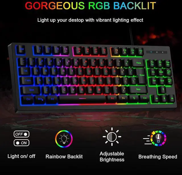 Alt view image 2 of 7 - BlueFinger RGB 87 Keys Gaming Keyboard and Backlit Mouse Combo, USB Wired Rainbow Keyboard,Gaming Keyboard Set for Laptop PC Computer Game and Work