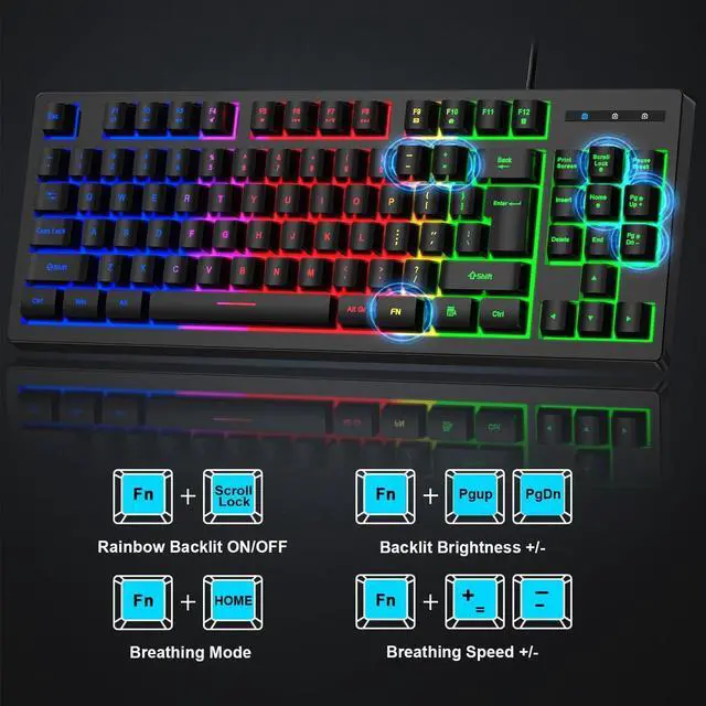 Alt view image 3 of 7 - BlueFinger RGB 87 Keys Gaming Keyboard and Backlit Mouse Combo, USB Wired Rainbow Keyboard,Gaming Keyboard Set for Laptop PC Computer Game and Work