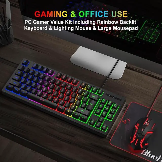 Alt view image 5 of 7 - BlueFinger RGB 87 Keys Gaming Keyboard and Backlit Mouse Combo, USB Wired Rainbow Keyboard,Gaming Keyboard Set for Laptop PC Computer Game and Work