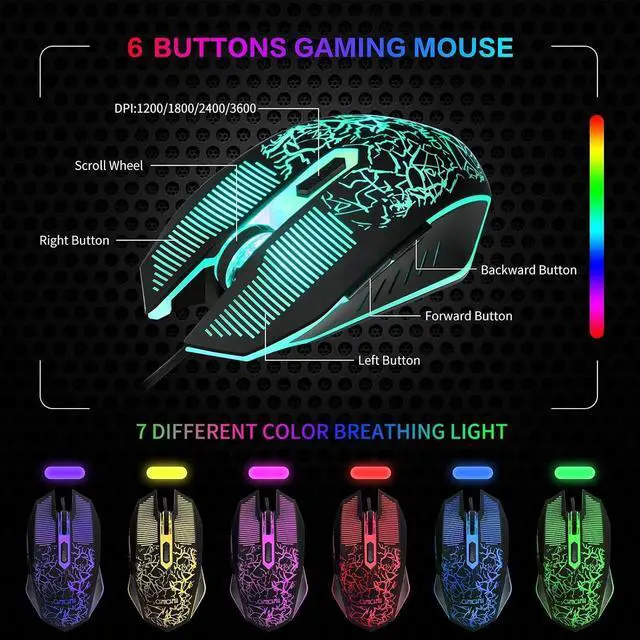Alt view image 4 of 7 - Gaming LED Keyboard Mouse Headset and Mousepad Bundle, CHONCHOW Wired Rainbow LED Light Up Gaming Keyboard Mouse Headset, Value 4 in 1 Game Set for Xbox PS4 PS5 PC Laptop Gamer