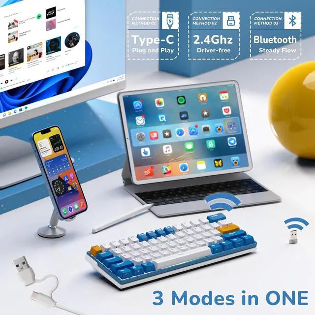 Alt view image 2 of 7 - RK ROYAL KLUDGE RK61 Plus Wireless Mechanical Keyboard, 60% Percent Gaming Keyboard w/Bluetooth/2.4G/USB Wired, Hot Swappable PC Game Keyboards with USB Hub, Quiet Linear SkyCyan Switches, White
