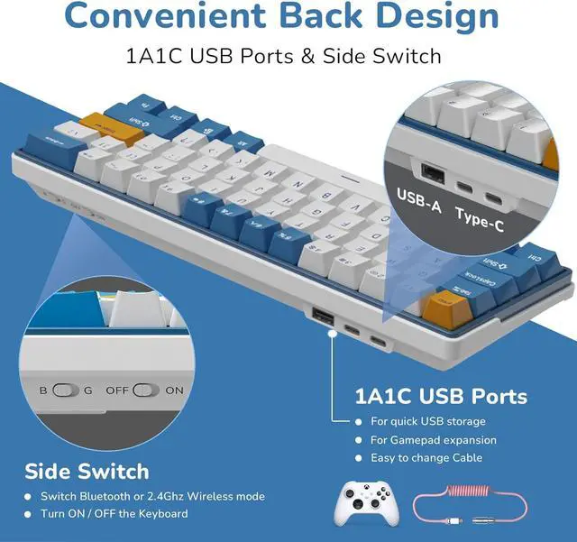 Alt view image 5 of 7 - RK ROYAL KLUDGE RK61 Plus Wireless Mechanical Keyboard, 60% Percent Gaming Keyboard w/Bluetooth/2.4G/USB Wired, Hot Swappable PC Game Keyboards with USB Hub, Quiet Linear SkyCyan Switches, White