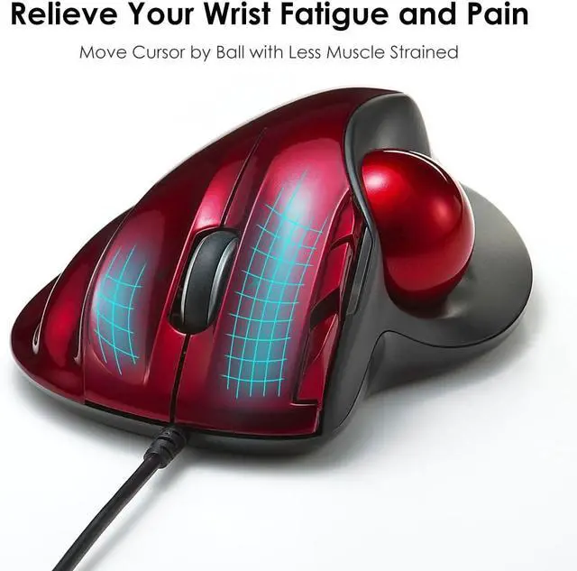Alt view image 2 of 7 - SANWA Wired Ergonomic Trackball Mouse, Programmable Roller Ball Mice, Tilt Scroll, 400/800/1200/1600 DPI, Computer trackball & Finger Rest, Compatible with Mac, Windows, Laptop, Chrome OS, Red
