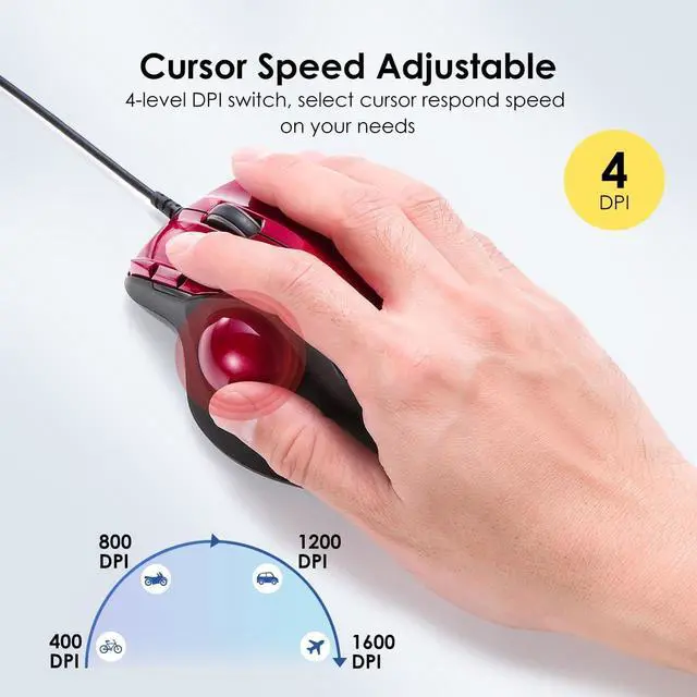 Alt view image 3 of 7 - SANWA Wired Ergonomic Trackball Mouse, Programmable Roller Ball Mice, Tilt Scroll, 400/800/1200/1600 DPI, Computer trackball & Finger Rest, Compatible with Mac, Windows, Laptop, Chrome OS, Red