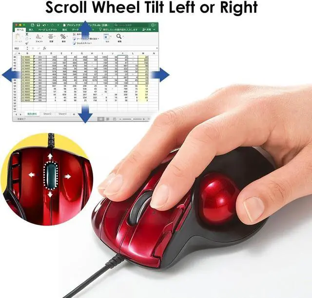 Alt view image 4 of 7 - SANWA Wired Ergonomic Trackball Mouse, Programmable Roller Ball Mice, Tilt Scroll, 400/800/1200/1600 DPI, Computer trackball & Finger Rest, Compatible with Mac, Windows, Laptop, Chrome OS, Red