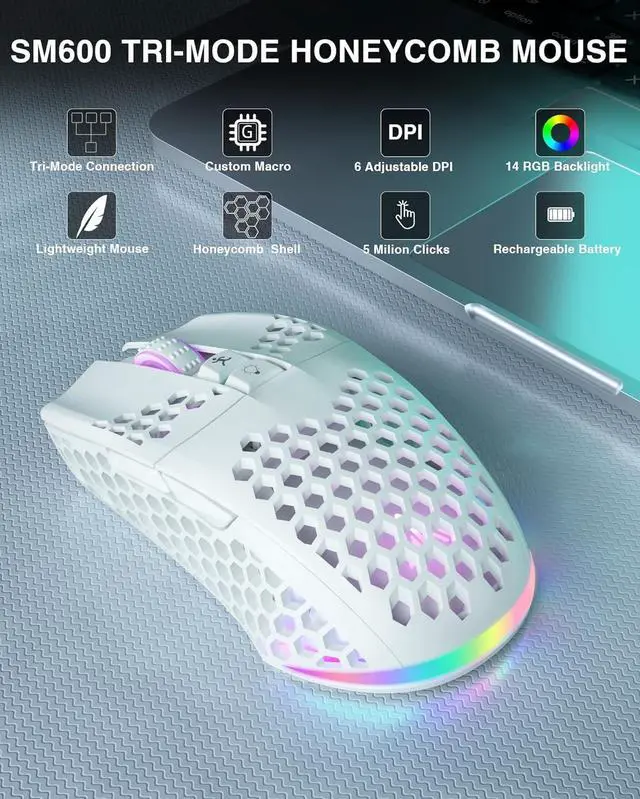 Alt view image 2 of 7 - SM600 White Wireless Gaming Mouse,8000 DPI Tri-Modes BT5.1/Type-C Wired/2.4G Wireless Mouse with 2 Side Buttons, Programmable Macro Gamer Mouse with RGB Light for Laptop/PC/Mac