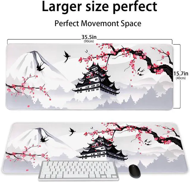 Alt view image 4 of 7 - XXL Large Gaming Laptop Anime Mouse Pad,Japanese Cherry Blossom White Game pad, Big Desk Pads PC Keyboard Waterproof and Non-Slip 35.5 x 15.7 inches Rubber Table Mat (Cherry Blossom, 40cm x 90cm)