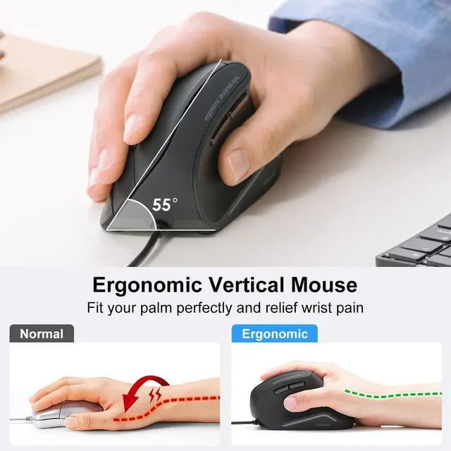 Alt view image 3 of 7 - SANWA Wired Ergonomic Mouse, Optical Vertical Computer Mice, Reduce Wrist Strain, (1000/1600 Adjustable DPI, 6 Buttons) Compatible with MacBook, Laptop, Desktop, Windows, Mac OS for Office & Gaming