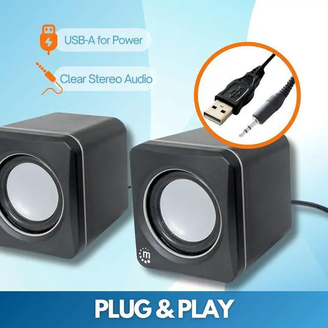 Alt view image 2 of 7 - MANHATTAN USB Powered Stereo Speaker System - Small Size - with Volume Control & 3.5 mm Audio Plug to Connect to Laptop, Notebook, Desktop, Computer - 3 Yr Mfg Warranty - Black Silver, 166898