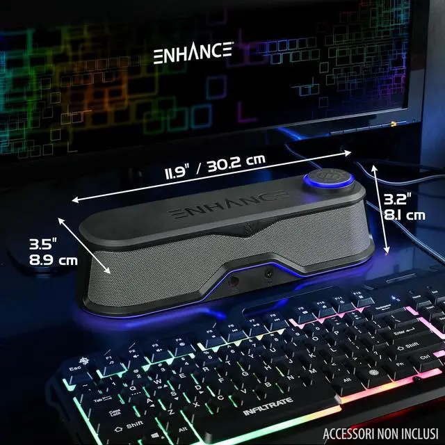 Alt view image 2 of 7 - ENHANCE SB1 Computer Speakers High Excursion Soundbar - USB Powered Computer Sound Bar, Under Monitor Speaker with 10W Peak, LED Volume Control Knob, Headset Pass Through, Gaming Soundbar for PC