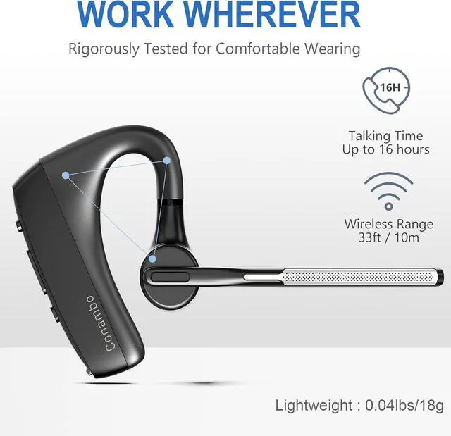 Alt view image 4 of 7 - CONAMBO Bluetooth Headset V5.1, 16 Hrs HD Talktime CVC8.0 Dual Mic Noise Cancelling Hands Free Bluetooth Earpiece for Cell Phone iPhone Android Driving Business Office