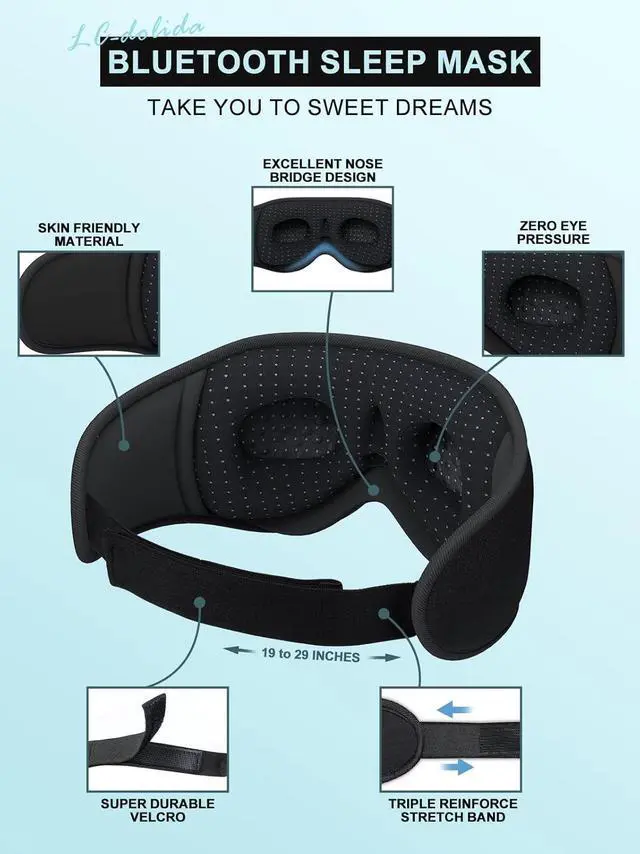 Alt view image 6 of 7 - LC-dolida Sleep Headphones, 3D Sleep Mask Bluetooth Wireless Music Eye Mask, Sleeping Headphones for Side Sleepers Sleep Mask with Bluetooth Headphones Ultra-Thin Stereo Speakers Perfect for Sleeping
