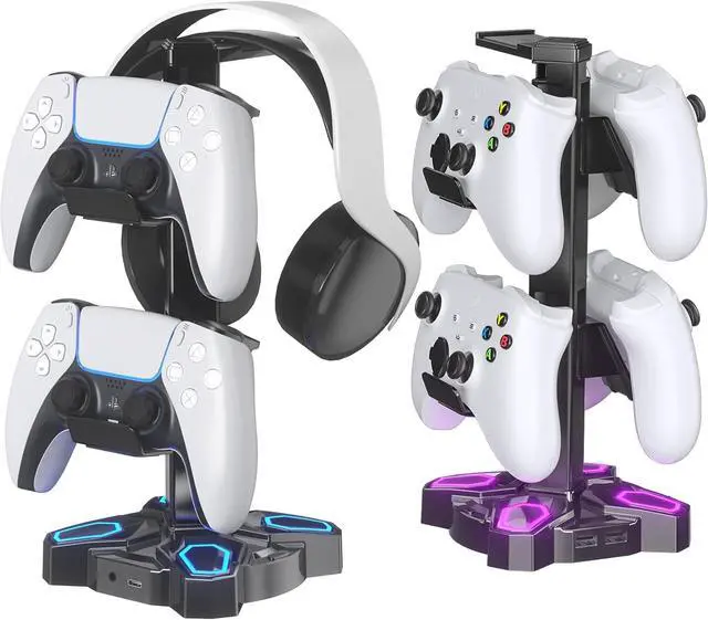 Main image of KDD Gaming Headphones Stand, Rotatable Headset Stand with Light Modes - Controller Holder with 2 USB Charging Ports and 3.5mm - Earphone Hanger Accessories for Desktop Gamer(Black)