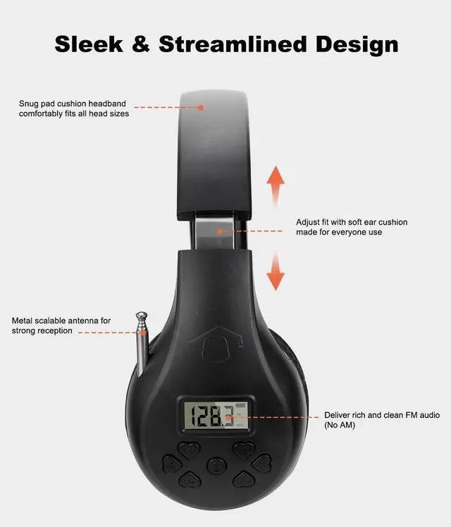 Alt view image 5 of 7 - Portable Personal FM Radio Headphones with Best Reception, Walkman Wireless Headset FM Radio Ear Muffs for Walking, Jogging Powered by 2 AA Batteries(Not Included) -Black