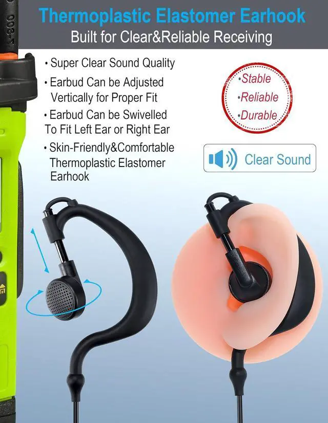 Alt view image 3 of 7 - commountain CLS1410 CLS1110 Earpiece with PTT/Mic for Motorola Walkie Talkies Radios DTR550 DTR700 RDU4100 RDU4160D RMU2040 RMU2080D RMU2080 DLR1020, CLS 1410 CLS 1110, G Shape Headset, 2 Pin