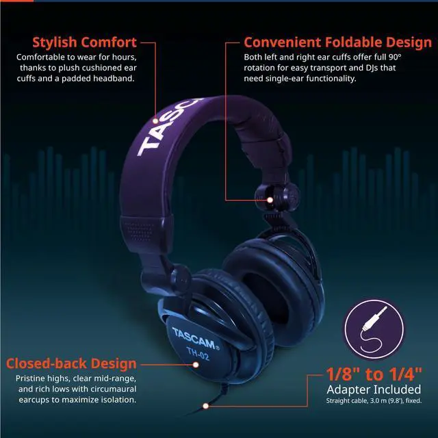 Alt view image 3 of 7 - TASCAM TH-02 Professional Studio Monitor Headphones, Wired, Over Ear  for Recording, Podcast, DJ, Music and Guitar, with 1/4 Inch Jack Adapter