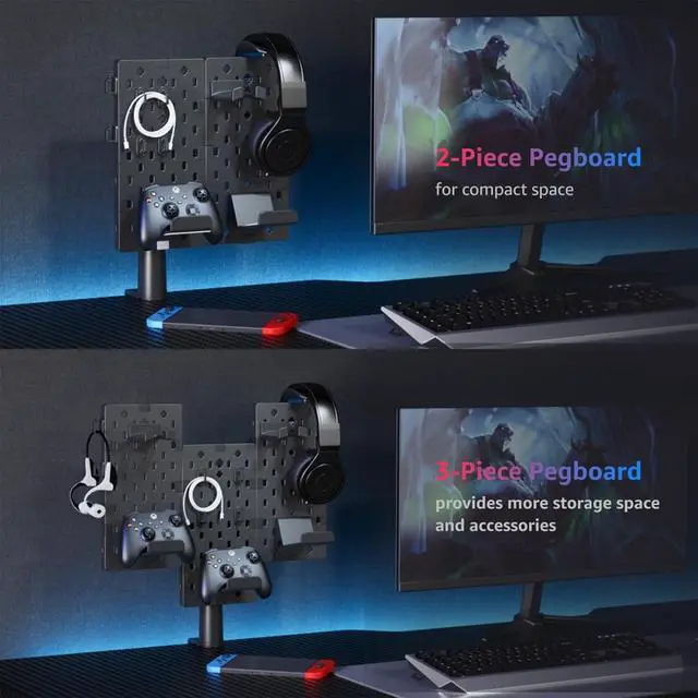 Alt view image 5 of 7 - PEGZONE Modular Headphone and Controller Holder for Game, Clamp-on Pegboard, Rotatable Controller Stand with Cable Hooks, Gaming Accessory for Xbox PS5 PS4 Nintendo Switch, 3Pcs Pegboard, Black