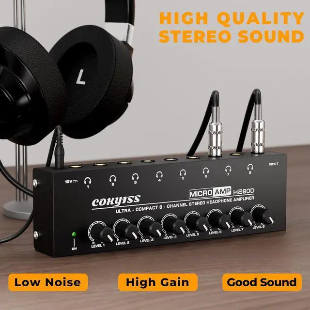 Alt view image 2 of 6 - 8-Channel Headphone Amplifier with 9 Adapters - Portable Ultra-Low Noise Multi-Port Stereo Headphone Distributor (8 Output/1 Input) for Recording Studios, Streaming, Band, Sound Mixer