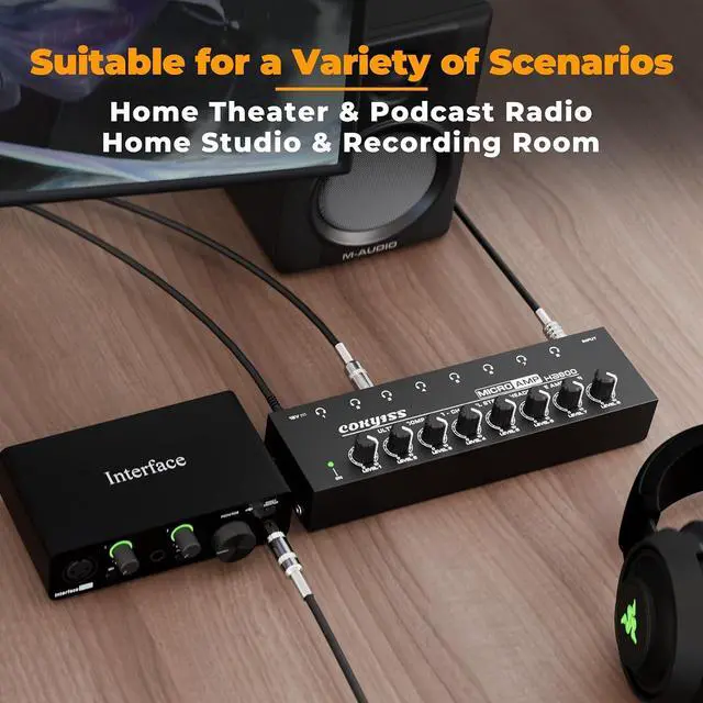 Alt view image 3 of 6 - 8-Channel Headphone Amplifier with 9 Adapters - Portable Ultra-Low Noise Multi-Port Stereo Headphone Distributor (8 Output/1 Input) for Recording Studios, Streaming, Band, Sound Mixer