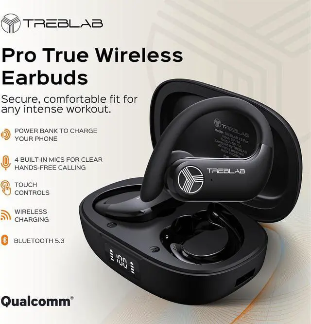 Alt view image 6 of 7 - TREBLAB X3 Pro - Ultra Comfortable Earhooks, Pure-HD Sound, Punchy Bass, 145H Battery, Waterproof & Sweatproof Bluetooth Earbuds, Mics for Calls, True Wireless Ear Buds for Sports Workout Running