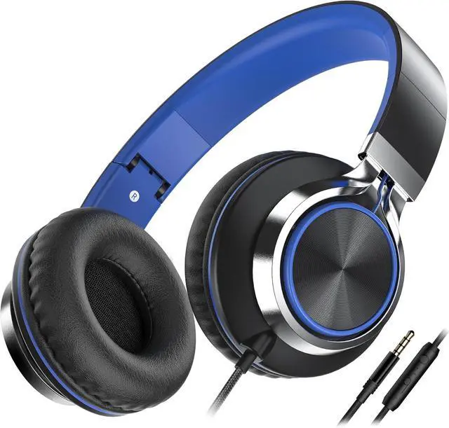 Main image of C8 Headphones Wired On-Ear Headphones with Microphone and Volume Control Foldable Corded Stereo 3.5mm Headset for Smartphones Chromebook Laptop Computer PC Tablets Travel(Black/Blue)