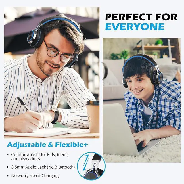 Alt view image 2 of 6 - C8 Headphones Wired On-Ear Headphones with Microphone and Volume Control Foldable Corded Stereo 3.5mm Headset for Smartphones Chromebook Laptop Computer PC Tablets Travel(Black/Blue)
