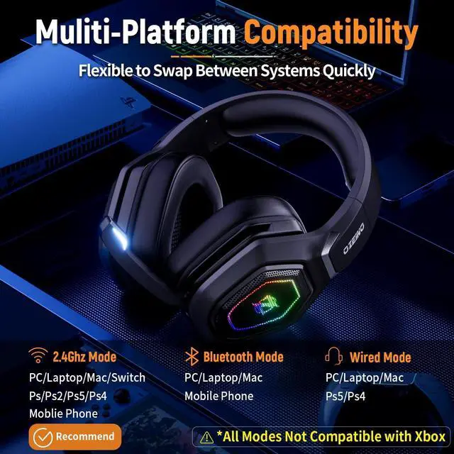 Alt view image 5 of 6 - 2.4GHz Wireless Gaming Headset with Microphone, 2.4G USB & Type C Transmitter - 30h Battery Life - RGB Lighting Gaming Headphones for PS5, PS4, PC, Phone
