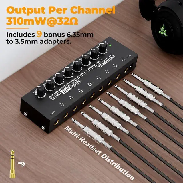 Alt view image 4 of 6 - 8-Channel Headphone Amplifier with 9 Adapters - Portable Ultra-Low Noise Multi-Port Stereo Headphone Distributor (8 Output/1 Input) for Recording Studios, Streaming, Band, Sound Mixer