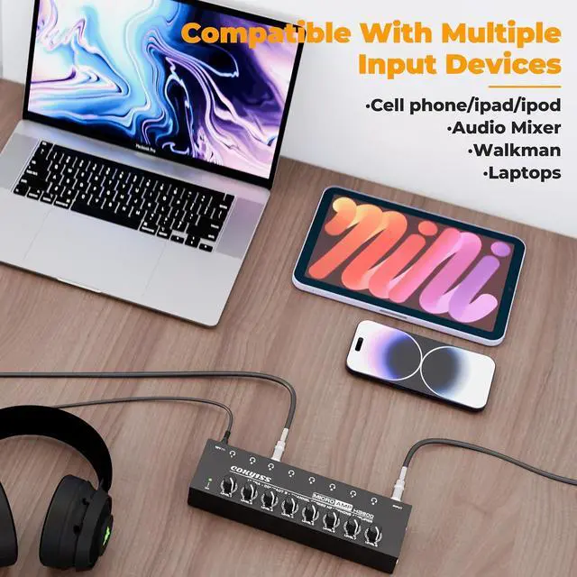 Alt view image 5 of 6 - 8-Channel Headphone Amplifier with 9 Adapters - Portable Ultra-Low Noise Multi-Port Stereo Headphone Distributor (8 Output/1 Input) for Recording Studios, Streaming, Band, Sound Mixer