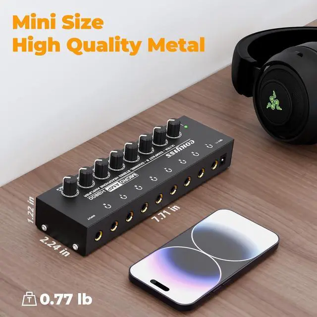 Alt view image 6 of 6 - 8-Channel Headphone Amplifier with 9 Adapters - Portable Ultra-Low Noise Multi-Port Stereo Headphone Distributor (8 Output/1 Input) for Recording Studios, Streaming, Band, Sound Mixer