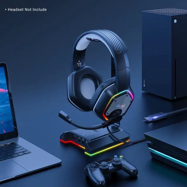 Alt view image 2 of 7 - EKSA RGB Headset Stand, Headphone Stands with 7.1 Surround Sound & USB/3.5mm Port, Desk Gaming Headsets Holder with Aluminum Alloy Rod & Non-Slip Rubber Pad, Suitable for Most Gamer Desktop Earphones