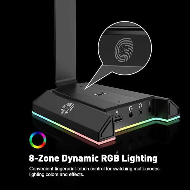 Alt view image 3 of 7 - EKSA RGB Headset Stand, Headphone Stands with 7.1 Surround Sound & USB/3.5mm Port, Desk Gaming Headsets Holder with Aluminum Alloy Rod & Non-Slip Rubber Pad, Suitable for Most Gamer Desktop Earphones