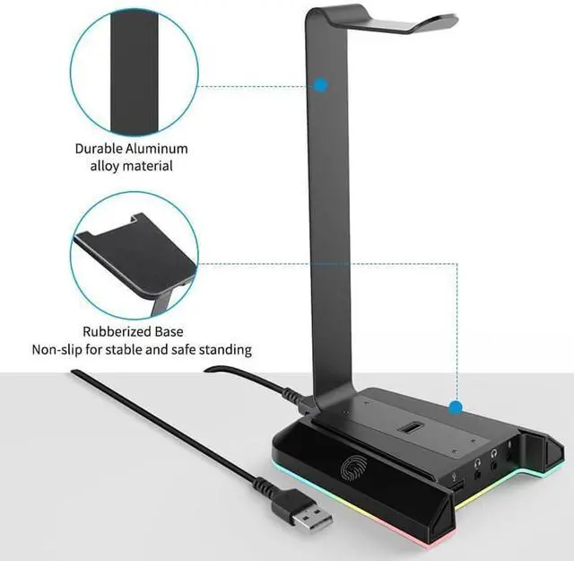 Alt view image 4 of 7 - EKSA RGB Headset Stand, Headphone Stands with 7.1 Surround Sound & USB/3.5mm Port, Desk Gaming Headsets Holder with Aluminum Alloy Rod & Non-Slip Rubber Pad, Suitable for Most Gamer Desktop Earphones