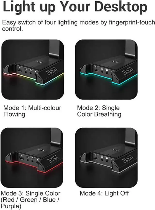 Alt view image 7 of 7 - EKSA RGB Headset Stand, Headphone Stands with 7.1 Surround Sound & USB/3.5mm Port, Desk Gaming Headsets Holder with Aluminum Alloy Rod & Non-Slip Rubber Pad, Suitable for Most Gamer Desktop Earphones