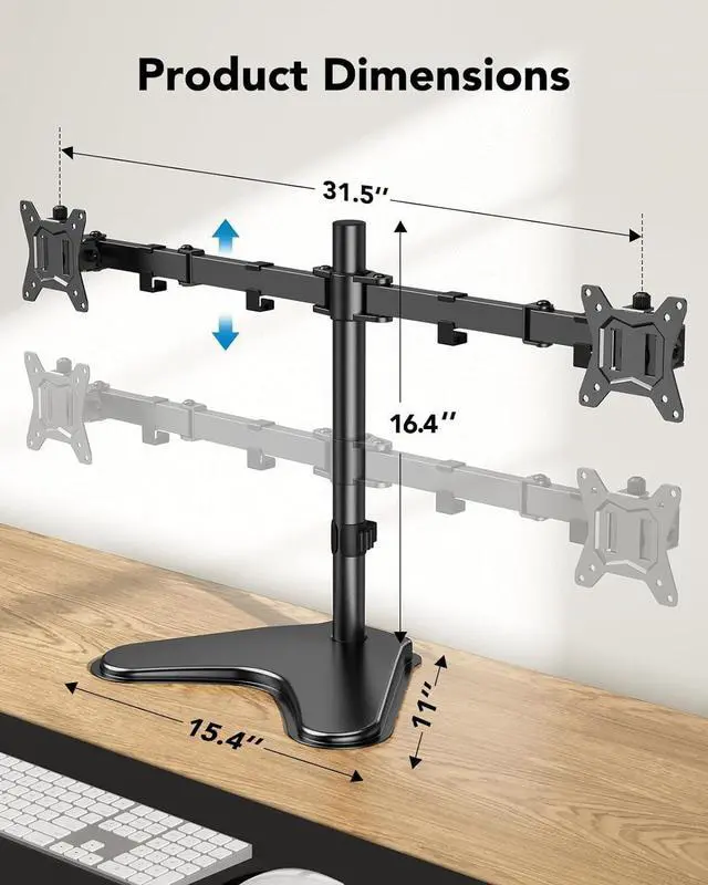 Alt view image 3 of 7 - HUANUO 32 inches Dual Monitor Stand up to 17.6lbs per Arm, High-Grade Aluminum Free-Standing Dual Monitors Mount for 2 Screens. Fully Adjustable Dual Monitor Stand for Desk with Tilt, Swivel, Rotation