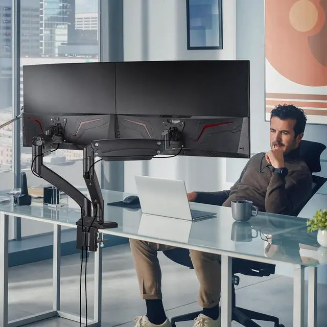 Alt view image 2 of 7 - AVLT Dual 13"-43" Monitor Arm - Desk Mount for Two Flat/Curved Monitors - Full Motion Height Swivel Tilt Rotation Adjustable - Black/VESA/C-Clamp/Grommet/Cable Management