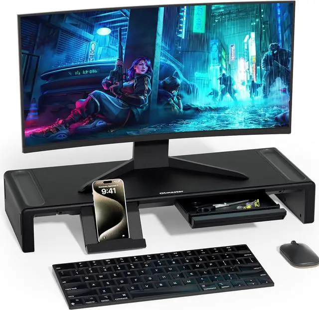 Main image of OImaster Monitor Stand Riser, Foldable Computer Monitor Riser, Adjustable Length Computer Stand and Storage Drawer & Pen Slot, Phone Stand Compatible Computer, Desktop, Laptop, Save Space (Black)