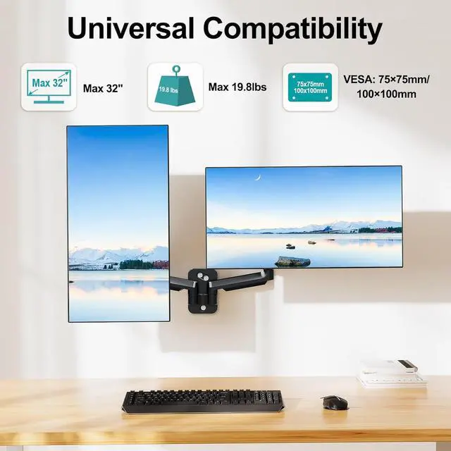 Alt view image 3 of 7 - MOUNT PRO Dual Monitor Wall Mount for 13 to 32 Inch Computer Screens, Gas Spring Wall Monitor Arm for 2 Monitors, Each Holds Up to 19.8lbs, Full Motion Wall Monitor Mount with VESA 75x75/100x100
