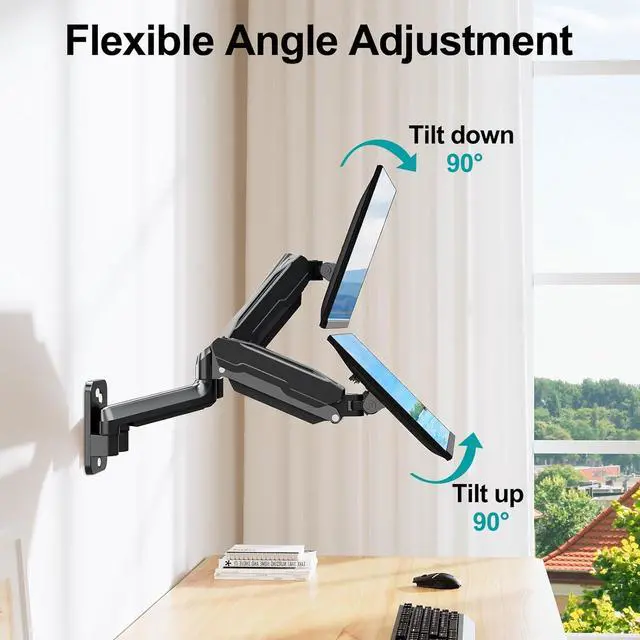 Alt view image 4 of 7 - MOUNT PRO Dual Monitor Wall Mount for 13 to 32 Inch Computer Screens, Gas Spring Wall Monitor Arm for 2 Monitors, Each Holds Up to 19.8lbs, Full Motion Wall Monitor Mount with VESA 75x75/100x100