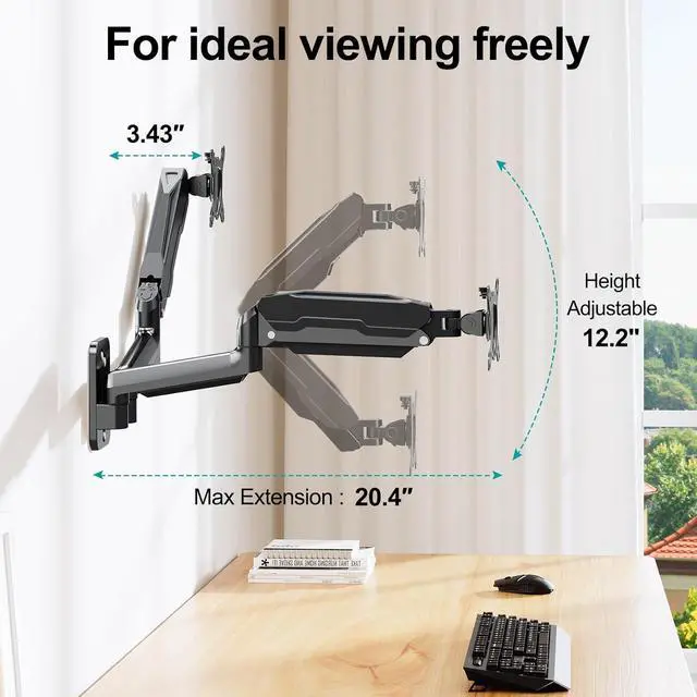 Alt view image 6 of 7 - MOUNT PRO Dual Monitor Wall Mount for 13 to 32 Inch Computer Screens, Gas Spring Wall Monitor Arm for 2 Monitors, Each Holds Up to 19.8lbs, Full Motion Wall Monitor Mount with VESA 75x75/100x100