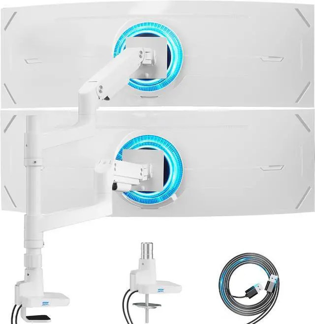Main image of ARES WING Dual Monitor Arm for Ultrawide Heavy Duty Curved Monitor Stacking, Fits 17-49 Inch, Vertical Gas Spring Double Monitor Mount with USB, Adjustable Dual Monitor Mount for Desk, White
