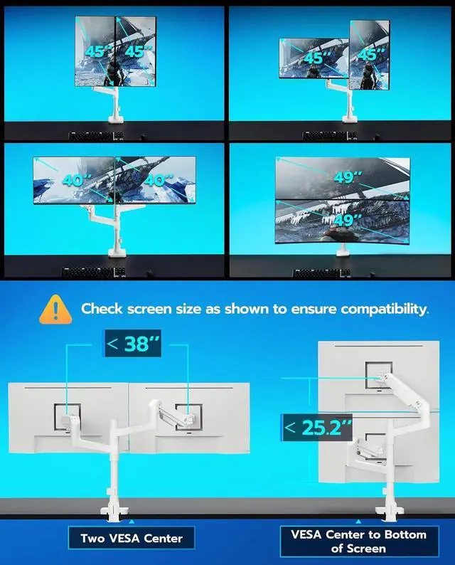 Alt view image 3 of 7 - ARES WING Dual Monitor Arm for Ultrawide Heavy Duty Curved Monitor Stacking, Fits 17-49 Inch, Vertical Gas Spring Double Monitor Mount with USB, Adjustable Dual Monitor Mount for Desk, White
