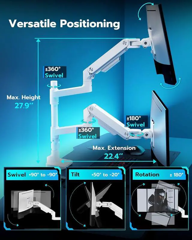 Alt view image 5 of 7 - ARES WING Dual Monitor Arm for Ultrawide Heavy Duty Curved Monitor Stacking, Fits 17-49 Inch, Vertical Gas Spring Double Monitor Mount with USB, Adjustable Dual Monitor Mount for Desk, White