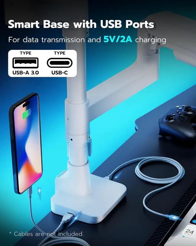Alt view image 6 of 7 - ARES WING Dual Monitor Arm for Ultrawide Heavy Duty Curved Monitor Stacking, Fits 17-49 Inch, Vertical Gas Spring Double Monitor Mount with USB, Adjustable Dual Monitor Mount for Desk, White